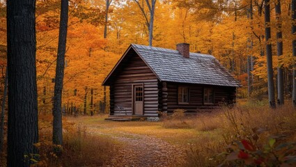 Log Cabin in Autumn Woods