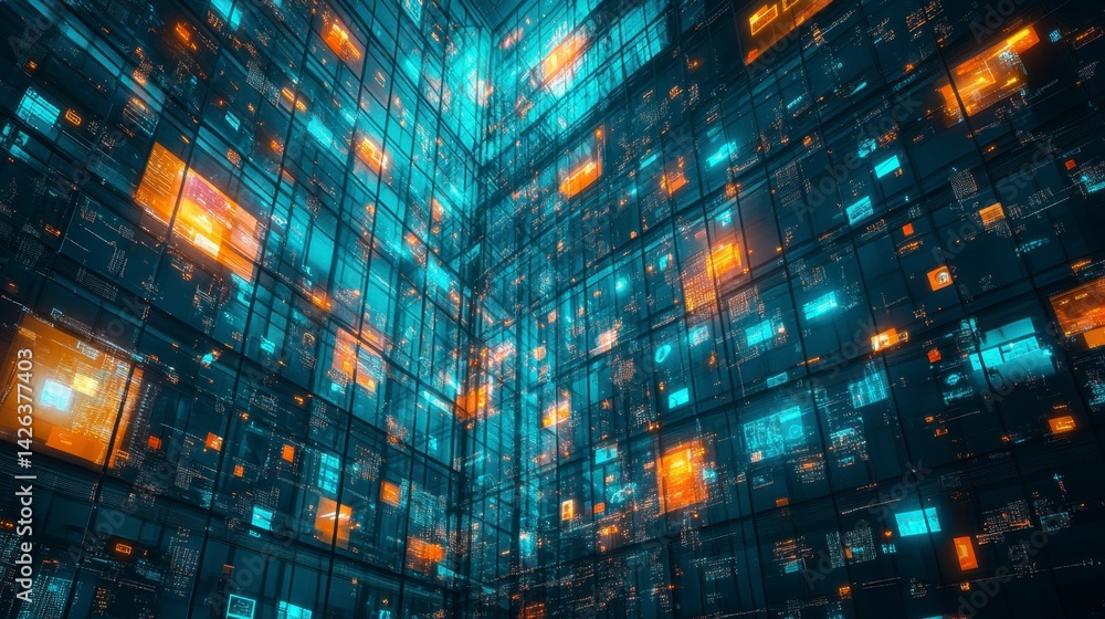 Poster abstract digital art depicting a complex network of glowing blue and orange blocks, creating a futur