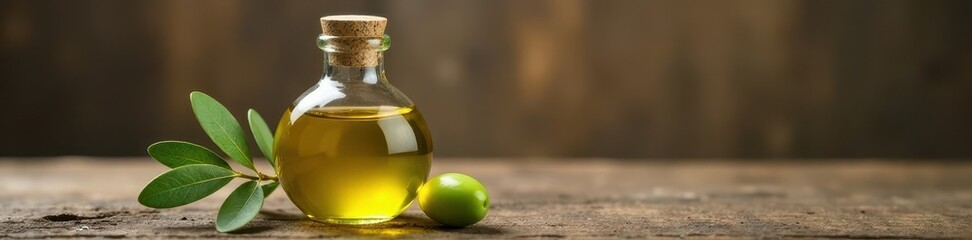 Golden olive oil bottle, fresh olive twig on rustic wood , leaf, product, bottle