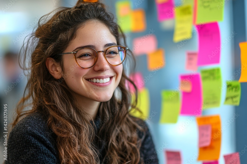 Poster young woman smiles while surrounded by colorful sticky notes during a brainstorming session in an of