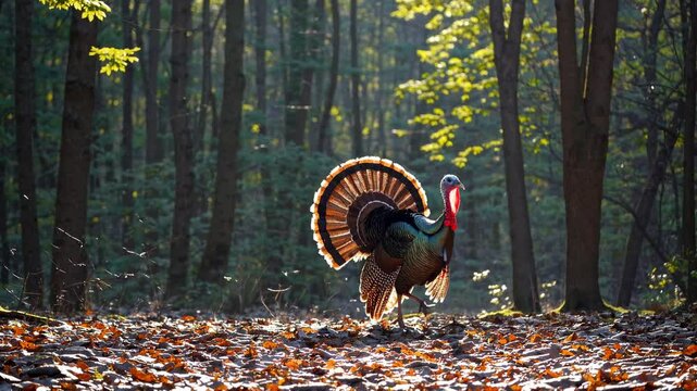 A low-angle video frame captures a turkey in a sunlit forest, highlighting its vibrant feathers amidst the serene woodland setting.