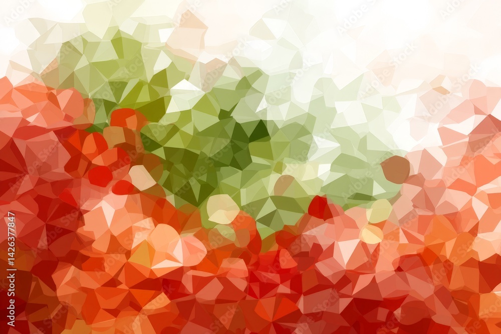 Poster Colorful abstract geometric pattern created with triangular shapes in soft hues of red and green in a bright background