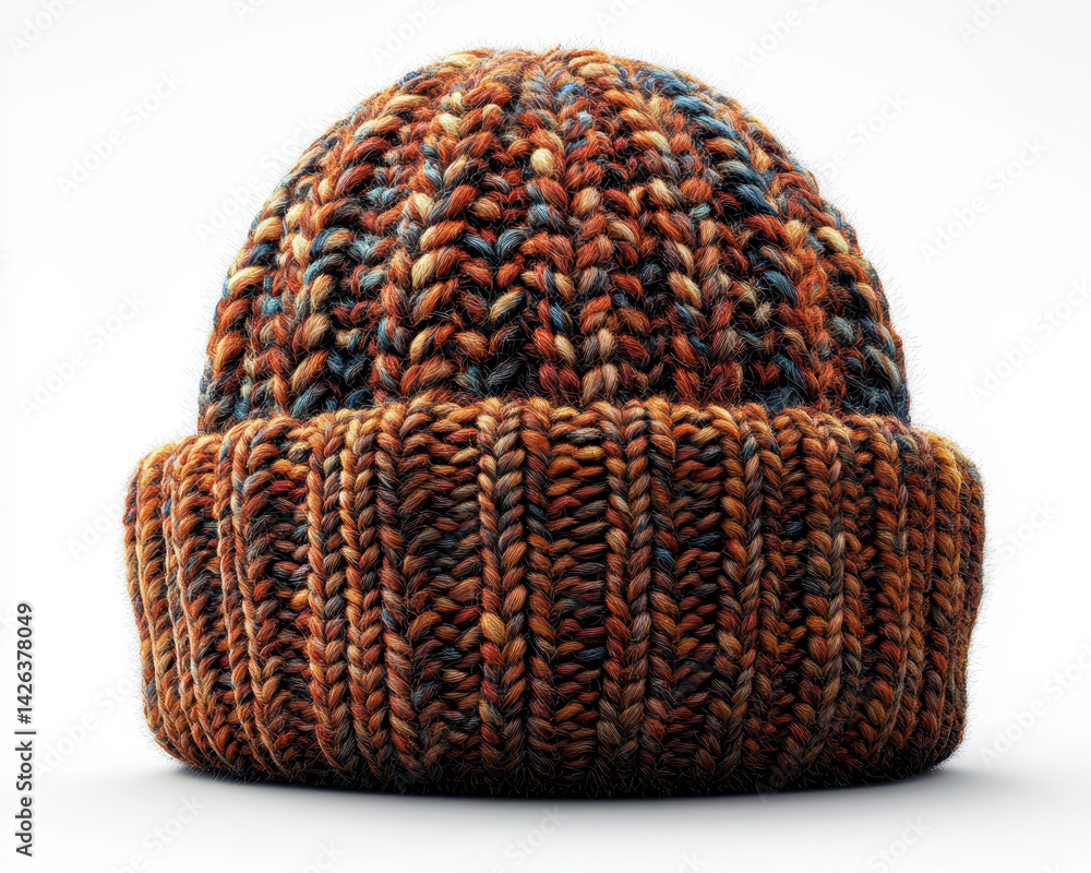 Poster high-quality image of colorful knitted beanie hat isolated on white background showcasing textured w