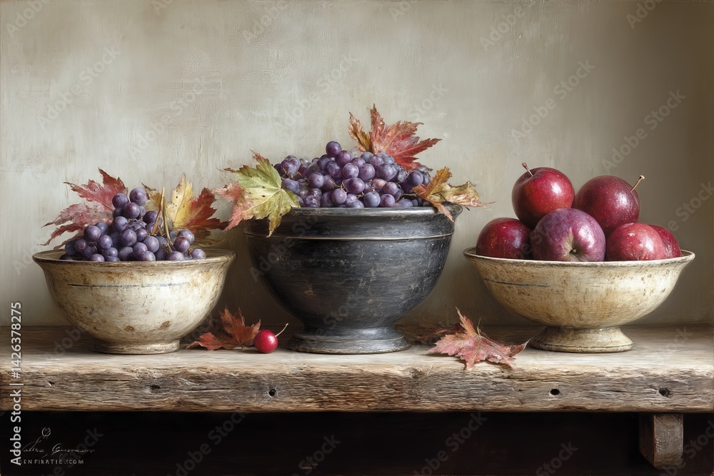 Poster fruit arrangement with grapes and apples in vintage bowls on rustic wooden shelf during autumn