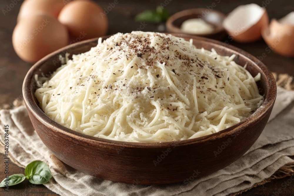 Poster delicious freshly grated cheese served in a rustic wooden bowl on a textured cloth with eggs in the 