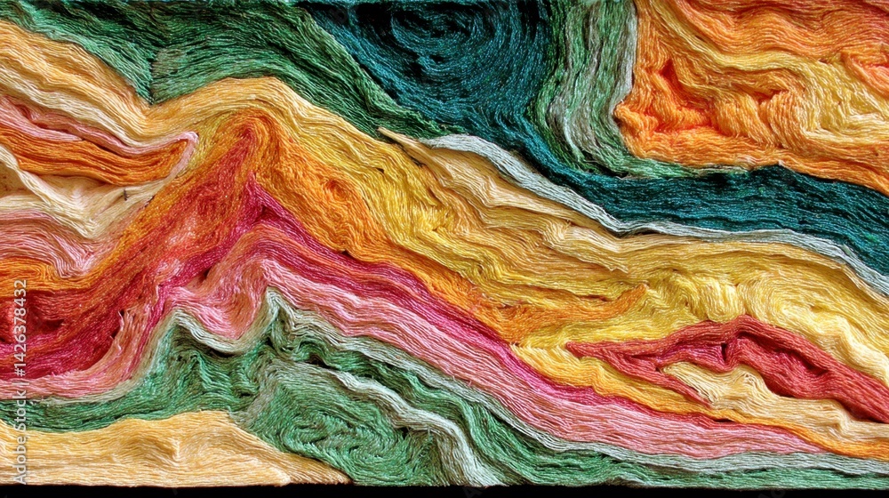 Poster abstract textile art with flowing, multicolored threads creating a landscape like pattern. warm and 