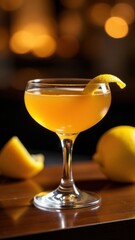 Amber cocktail served in a coupe glass with a citrus peel garnish, placed on a bar counter with warm lighting, capturing a refined and timeless cocktail presentation.