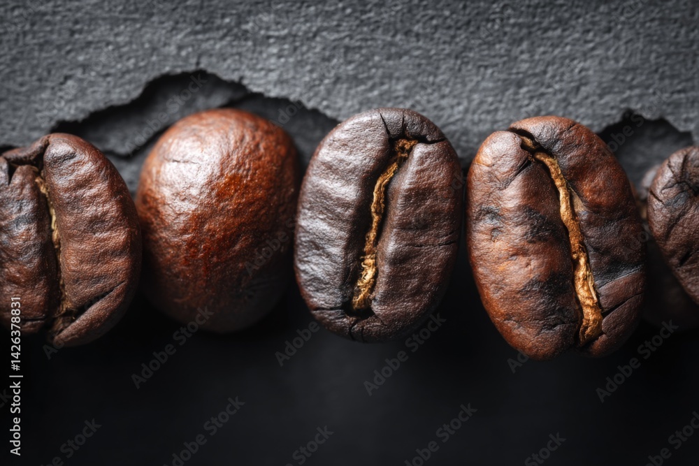 Poster close-up view of coffee beans arranged on a textured surface showcasing various shades and textures