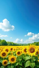 Fototapeta premium Golden sunflowers, vibrant blue sky, summer field , background, joyful, color