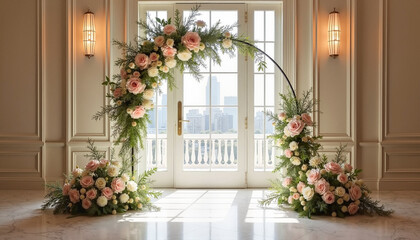 Floral arch with roses in elegant interior setting
