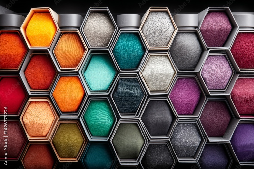 Poster Brightly colored hexagonal spools of fabric arranged in an artistic display at a textile showroom