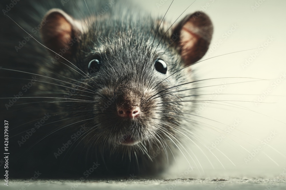 Aufkleber close-up view of a curious rat with expressive eyes and prominent whiskers in a soft-lit environment