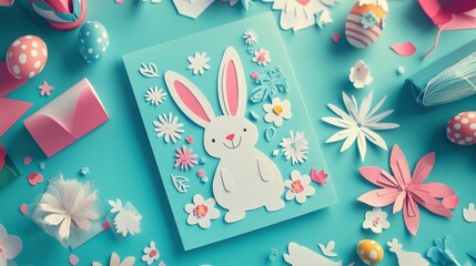 Fototapeta premium Flat lay of handmade Easter cards with bunny illustrations and paper cutouts on a craft desk