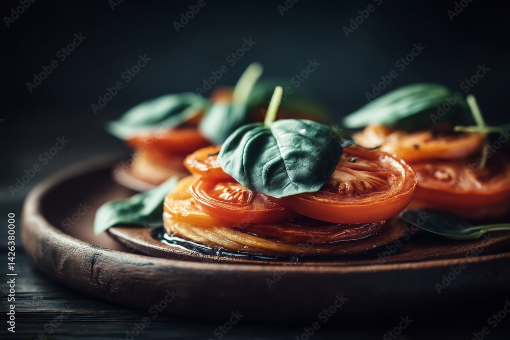 Poster fresh tomato and basil stack served on a rustic wooden plate in a cozy setting