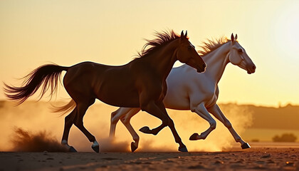 Two horses running against sunset background
