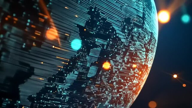 Digital World Map with Bright Connection Lines and Nodes