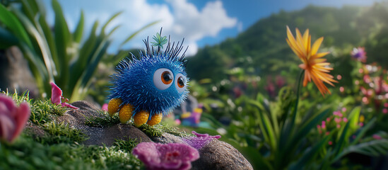 Cute Floral monsters, meadows spirits magic background. Mountain ranges above the blooming valley. Photo wallpaper