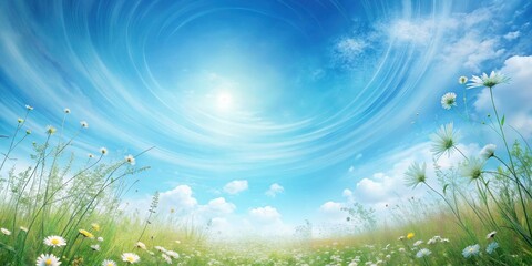 Fototapeta premium Serene Meadow Under a Whimsical, Swirling Sky with Delicate White Blossoms