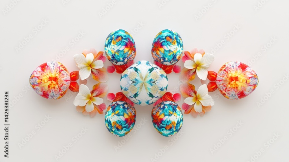Poster glossy easter eggs arranged in a symmetrical pattern with flowers in between