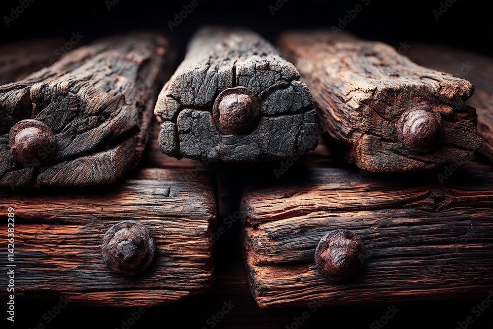 Poster old weathered wooden beams with rusty nails captured in close-up showcasing natural textures and col