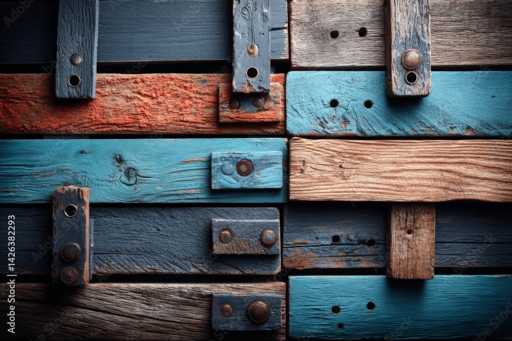Poster Colorful wooden planks arranged in a creative pattern showcasing various textures and hues in a rustic setting