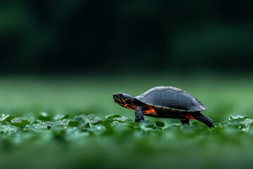 Fototapeta premium Miniature turtle with glowing shell walking across dew-covered clover field soft sparkles at dawn 