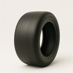 A racing slick tire positioned at an angle on a clean white background, showing its smooth surface and minimal tread for high-speed performance