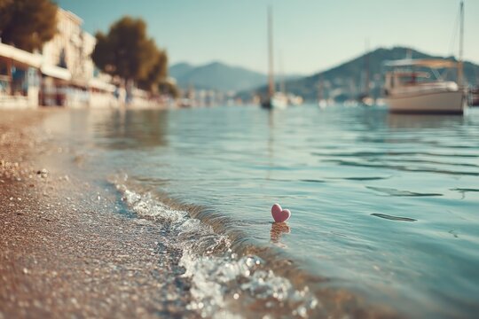 Pink heart-shaped object rests on sandy beach near calm water, surrounded by boats and mountains in distant background during sunset