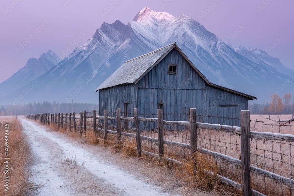 Aufkleber majestic mountain backdrop with rustic barn and frosty pathway in serene countryside at dawn