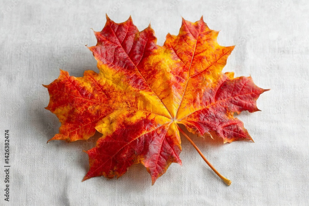 Poster vibrant autumn leaf displaying red and yellow hues on a light textured background