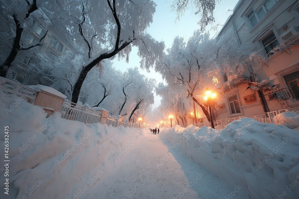 Poster snowy winter pathway lined with frosted trees and streetlights at dawn in a quiet neighborhood