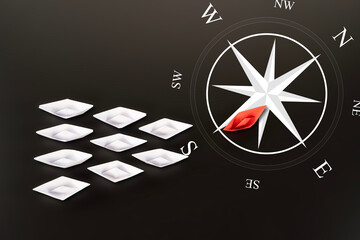 Paper boat and compass. Red paper boat perched on a compass rose, surrounded by white boats.