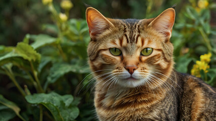 Portrait of a Beautiful Tabby Cat with Green Eyes
