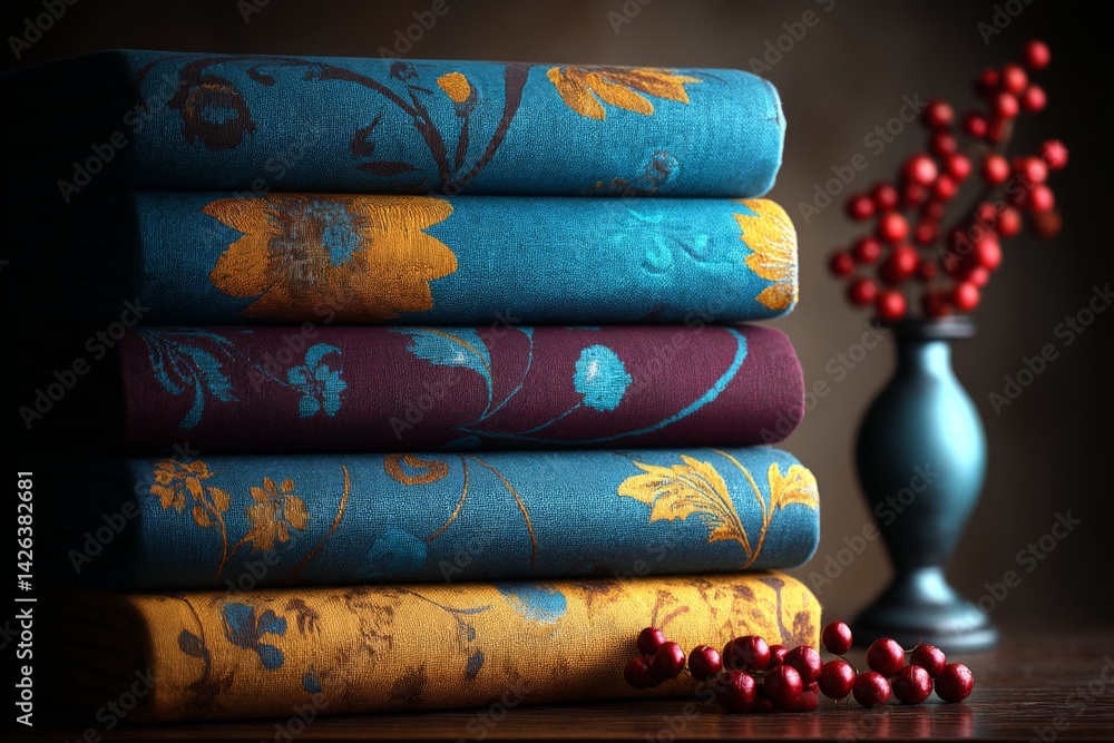 Poster colorful textiles arranged neatly with decorative vase and berries in soft lighting