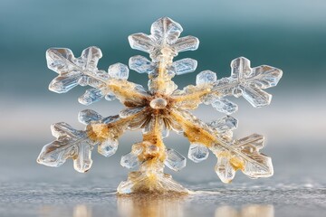 Detailed close-up of a delicate snowflake resting on a surface in a winter setting