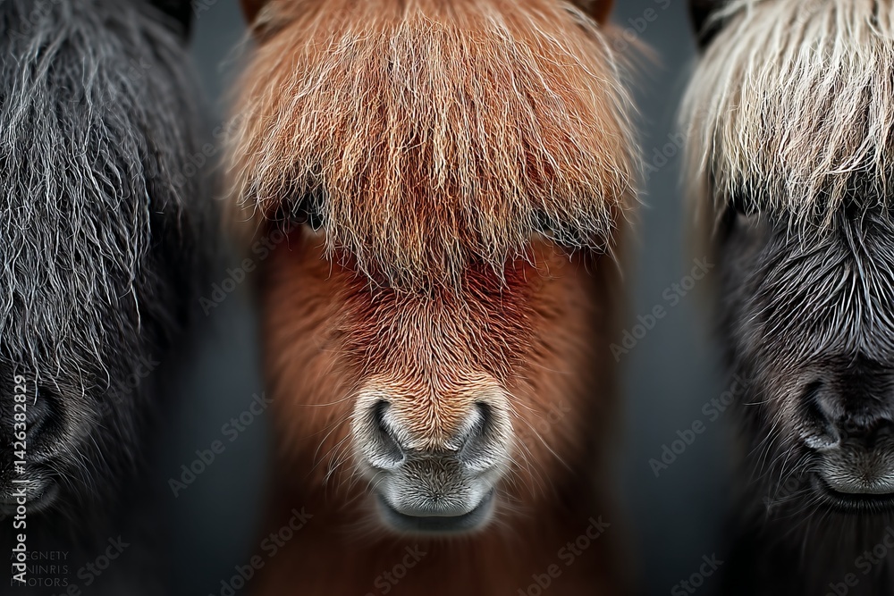 Poster Three close-up portraits of ponies showcasing unique fur patterns and expressions in a serene setting