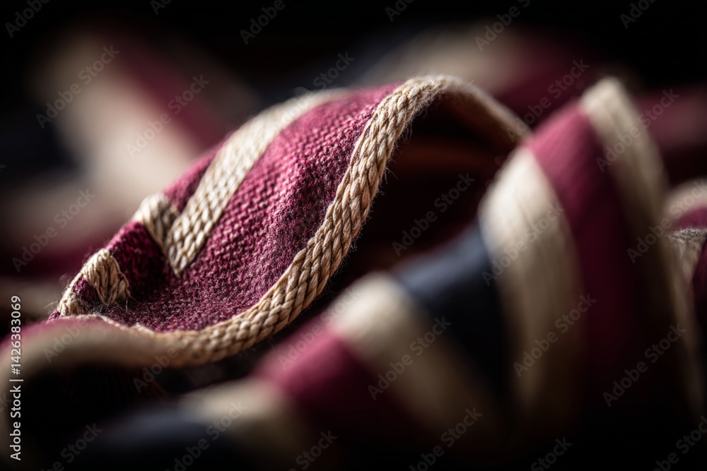 Poster Fabric with red and navy stripes showcases intricate texture and design under soft lighting in a close-up view