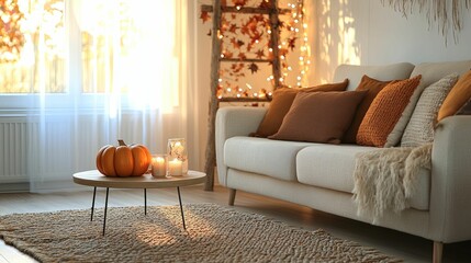 Cozy autumnal living room with warm lighting and fall decor.