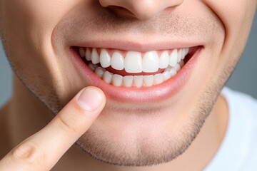 Fototapeta premium Dental clinic ads concept featuring a portrait of a smiling young man pointing to his perfect natural white teeth after whitening treatment