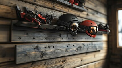 Wooden wall rack holds ski gear and helmets.