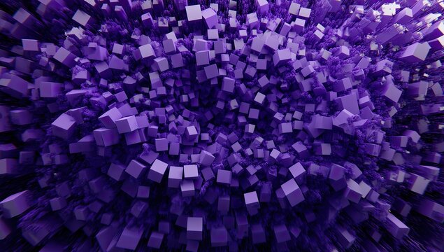 Fototapeta Abstract 3D render of densely packed, vibrant purple cubes forming a dynamic, chaotic composition