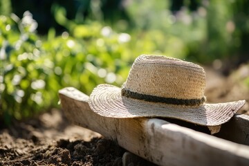 Sun-drenched straw hat rests on garden bed.