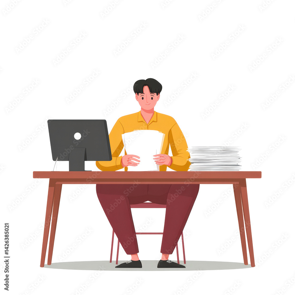 Poster young man at desk with papers and computer in modern office setting