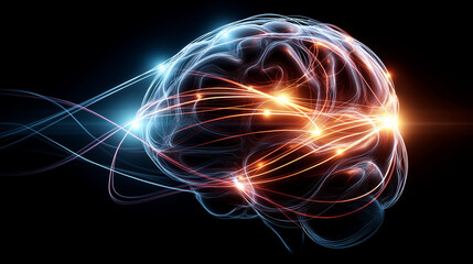CBT. Cognitive Behavioral Therapy. Cognition disorder behavior counseling. Psychology awareness. Therapy treatment. Conceptual brain illustration with glowing light trails.