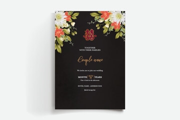 WEDDING INVITATION FRAME WITH FLOWER DECORATIONS AND FRESH LEAVES
