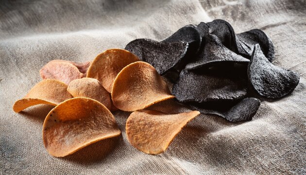 Black and Brown Crispy Chips on Linen Fabric. 