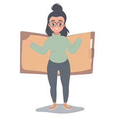 Young woman holding open book with cheerful expression and glasses