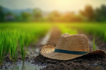 Straw hat rests on fertile soil in a rice paddy.
