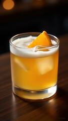 Golden foamy cocktail with ice cubes, orange slice, and mint garnish, served in a lowball glass on a wooden surface, evoking cozy bar vibes and refreshing citrus taste.