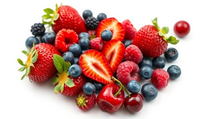 Fototapeta premium Luscious ripe strawberries, blueberries, raspberries & cherries arranged artfully on pristine white, appetizing, food
